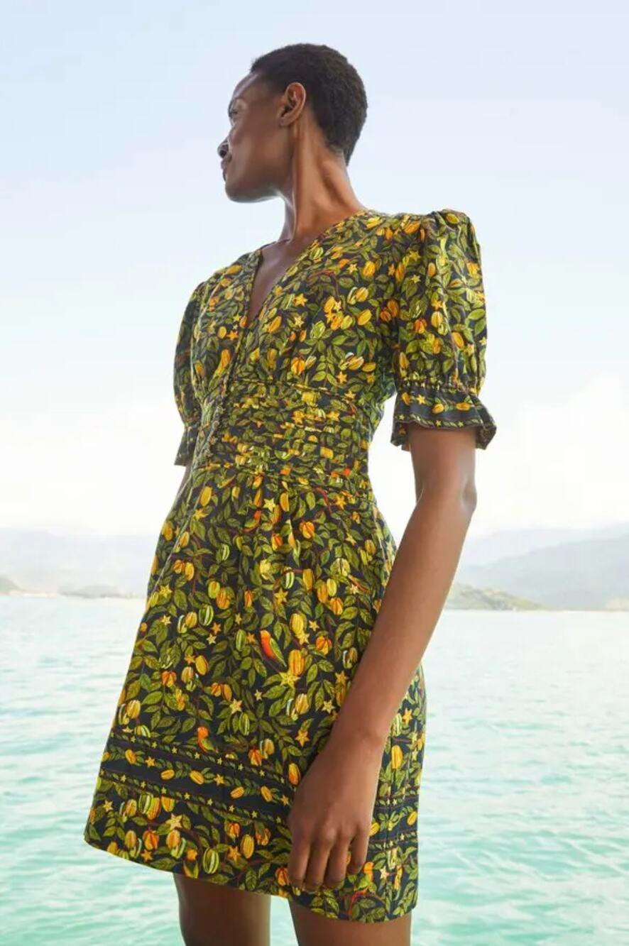 Farm Rio Linen Blend Mini Dress Womens Small Green Star Fruit Puff Sleeve Summer